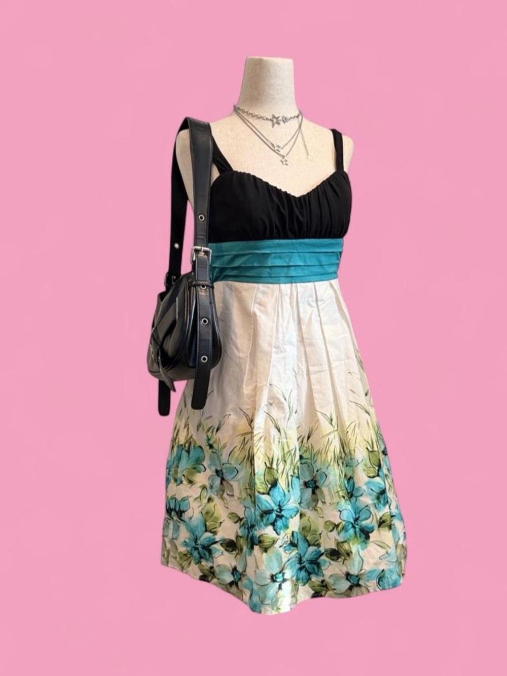 Y2K Empire Waist Black and Teal Floral Dress